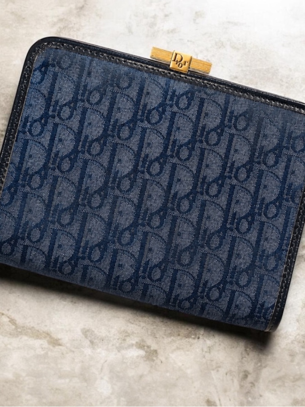 Christian Dior Navy Oblique Monogram Clutch 8x5 Gold Logo Vintage Y2K Trotter
